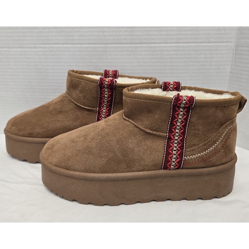 Olivia & Kate Cozy Suede-Look Platform Boots Mini Ankle Slippers Brown Sz 10 EUC